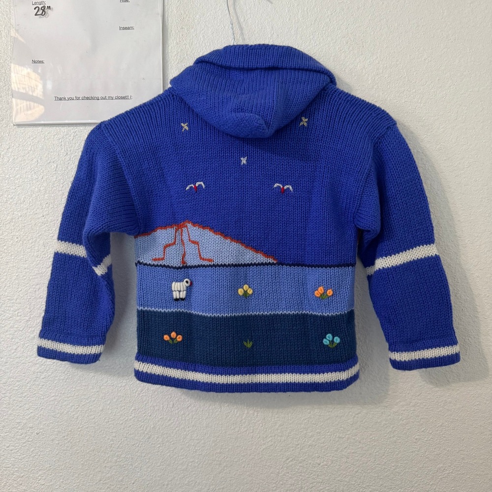 Waco's Kids Cotton Hooded Zip Sweater Size 4 Purple Hand Knit Landscape Boho - Picture 4 of 4